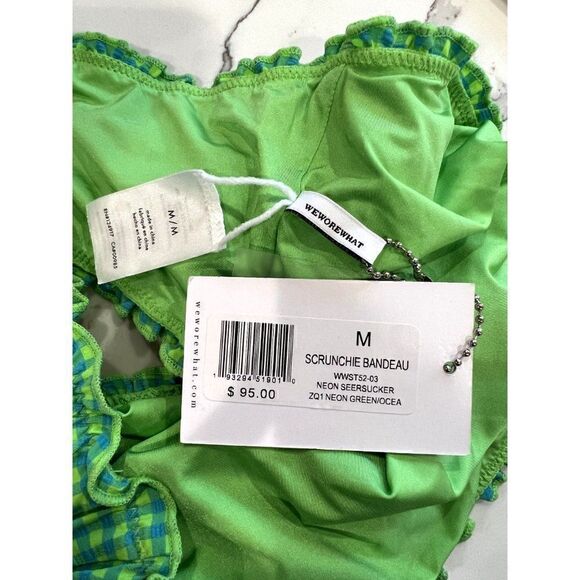 We Wore What NWT Scrunchie Bandeau Seersucker Bikini Top in Green/Blue Size M - Picture 5 of 5